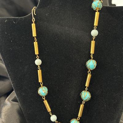 Vintage rare back clip on gold toned and turquoises tone beads