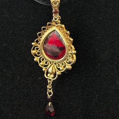 Red pendant Necklace filigree large teardrop velvet cord