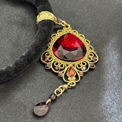 Red pendant Necklace filigree large teardrop velvet cord