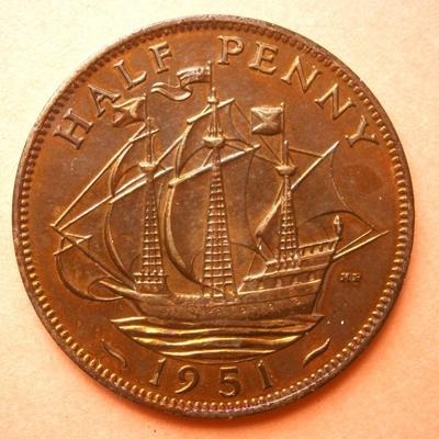 UNITED KINGDOM 1951 1/2 Penny Copper Coin