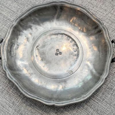 Antique 18th C Pewter round bowl / plate with handles 1705 touchmarks