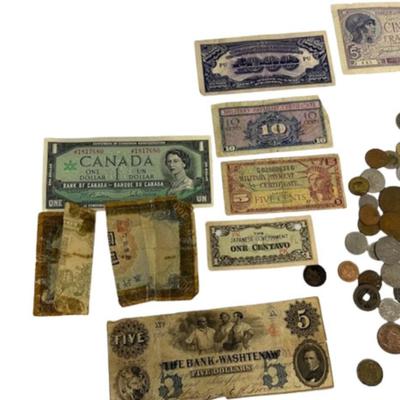 Foreign Currency Assortment Including Soviet Proof Coins