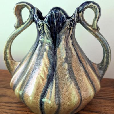 Faiencerie Thulin Belgium Art Pottery Double Swan Handle Vase #2017 @1920-1930's