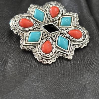 Vintage Silver Tone, Faux Turquoise and Faux Coral Brooch / Pendant. Avon