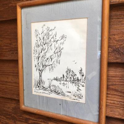 "Planting Time" and "Bayou due Allmonds" Pen and Ink Portraits, Signed Donabeth Jones