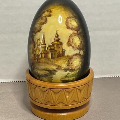 Large Russian Lacquered Egg with Stand