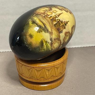 Large Russian Lacquered Egg with Stand