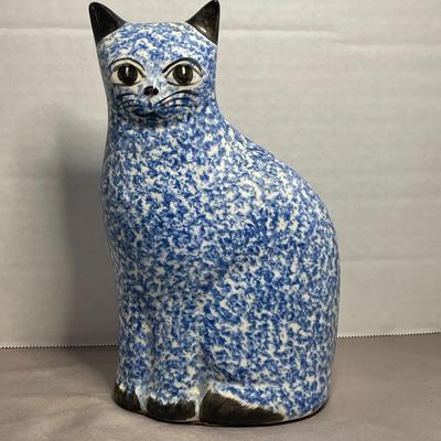 Solid Ceramic Blue Spongeware Cat Folk Art