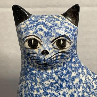 Solid Ceramic Blue Spongeware Cat Folk Art