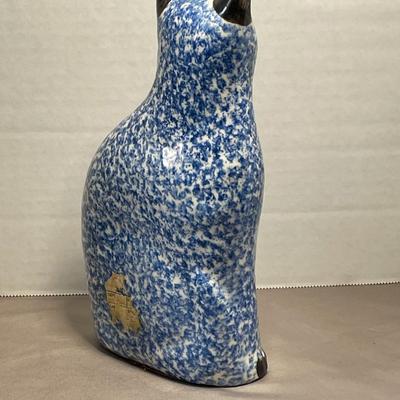 Solid Ceramic Blue Spongeware Cat Folk Art