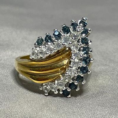 14KT GP Costume Ring with Blue and Clear Rhinestones