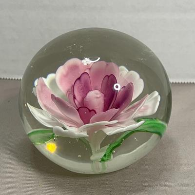 Pink and White Flower Glass Paperweight