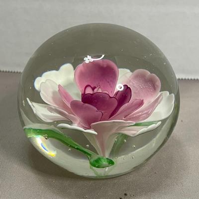 Pink and White Flower Glass Paperweight