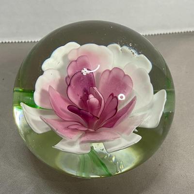Pink and White Flower Glass Paperweight