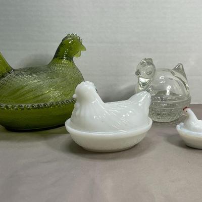 (4) Glass Hens on Baskets