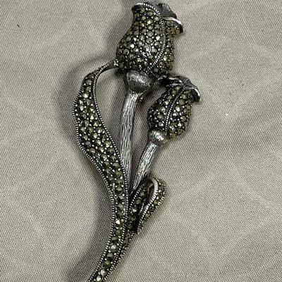 Large 925 Sterling Marcasite Floral Brooch