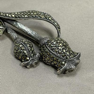 Large 925 Sterling Marcasite Floral Brooch