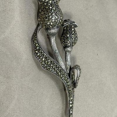 Large 925 Sterling Marcasite Floral Brooch