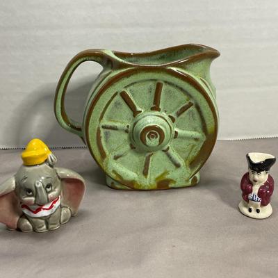 Dumbo Figurine, Mini Toby Pitcher, and Frankoma Wheel Creamer