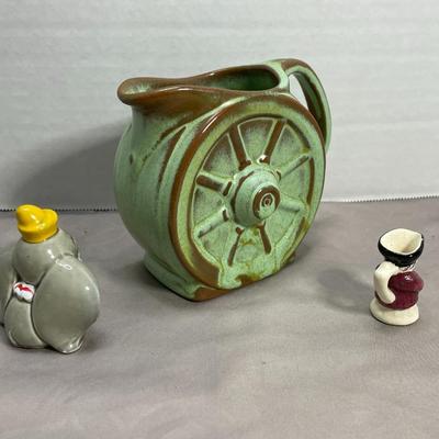 Dumbo Figurine, Mini Toby Pitcher, and Frankoma Wheel Creamer