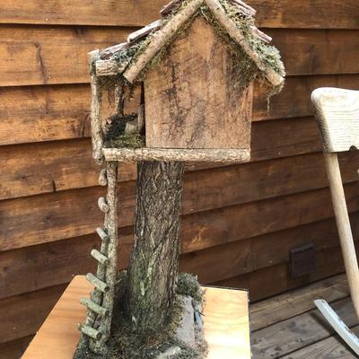 Elevated Cabin Birdhouse and Metal and Wood Sidetable