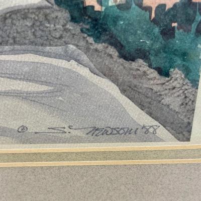 Framed Watercolor by Newsom 1988 - stone pathway through garden