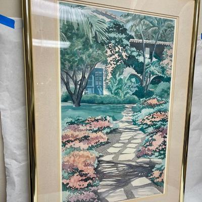 Framed Watercolor by Newsom 1988 - stone pathway through garden