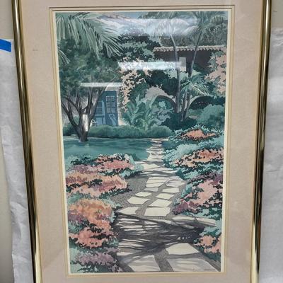 Framed Watercolor by Newsom 1988 - stone pathway through garden