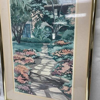 Framed Watercolor by Newsom 1988 - stone pathway through garden