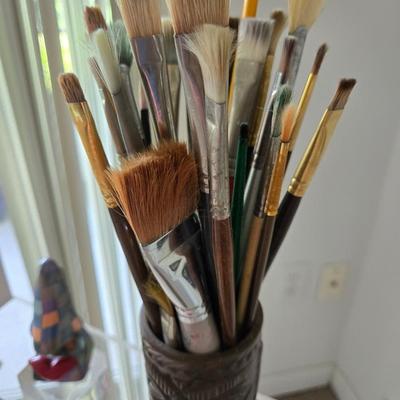 Lot of Paint Brushes in Hawaiian Vase