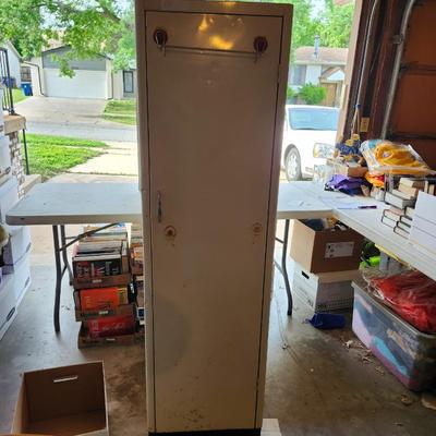 Vintage Metal Cabinet, one door, rounded top, 5 shelves. 18w x 15 deep x65 tall