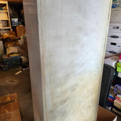 Vintage Metal Cabinet, one door, rounded top, 5 shelves. 18w x 15 deep x65 tall