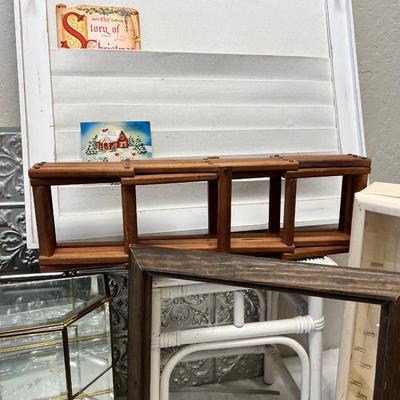 Glass and brass wall displays for miniatures, 2 white stools and displays