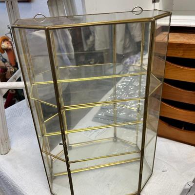 Glass and brass wall displays for miniatures, 2 white stools and displays