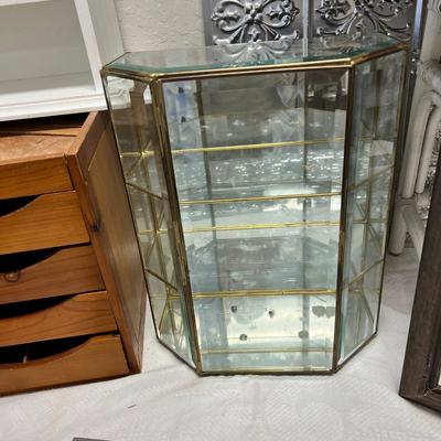 Glass and brass wall displays for miniatures, 2 white stools and displays