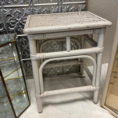 Glass and brass wall displays for miniatures, 2 white stools and displays