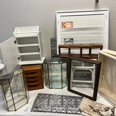 Glass and brass wall displays for miniatures, 2 white stools and displays