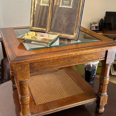 Glass top side table , pair of Sterling frames, Decorative spoons