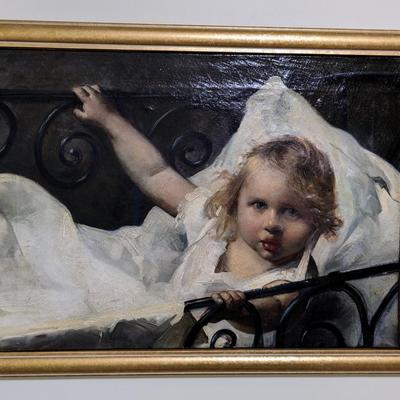 Antique Oil painting of an infant in a Victorian wrought iron crib