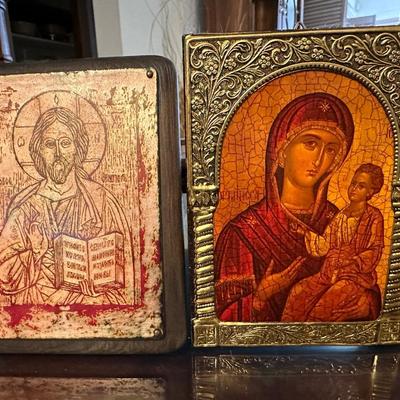 Pair of Russian icons Mary and Jesus