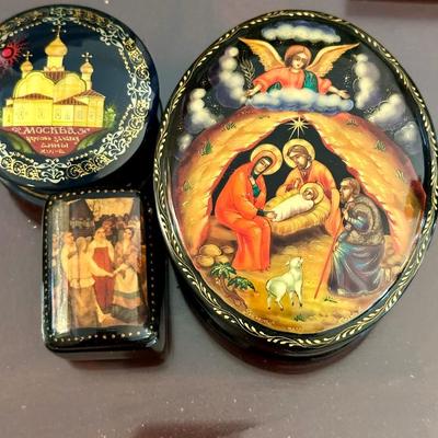 Set of three Russian lacquer boxes and painted