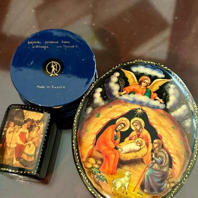 Set of three Russian lacquer boxes and painted