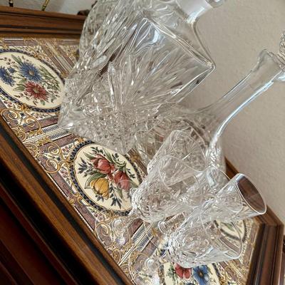 Occasional table with tile tray, decanters, art & brass floor lamp