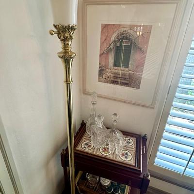 Occasional table with tile tray, decanters, art & brass floor lamp