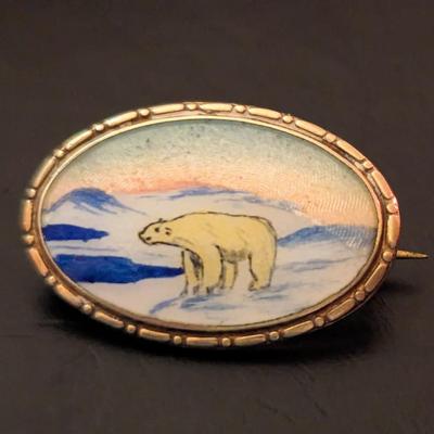 Vintage Hans Myhre Enamel and Sterling silver brooch Guilloché Northern Lights Polar Bear