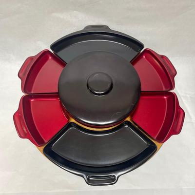 Vintage Aluminum 50’s Lazy Susan, Red & Black, Holiday Serving Tray with Pedestal