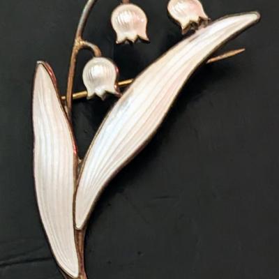 Vintage Arne Norlie Lily of the Valley white enamel on sterling silver brooch Guilloché Norway