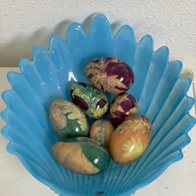Large Fenton blue bowl and Edith eggs