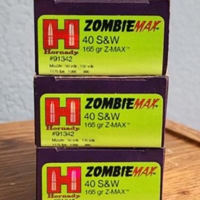 (3) Brand New Boxes Of HORNADY 40 S&W Zombie Max 165 Grain Firearm Ammunition