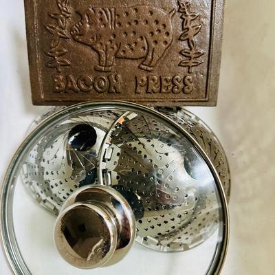 Bacon press, strainers, extra lids